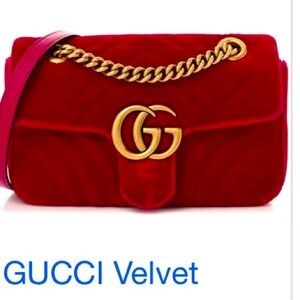 GUCCI -Red velvet Malatese Marmont GG mini purse with gold chain shoulder strap